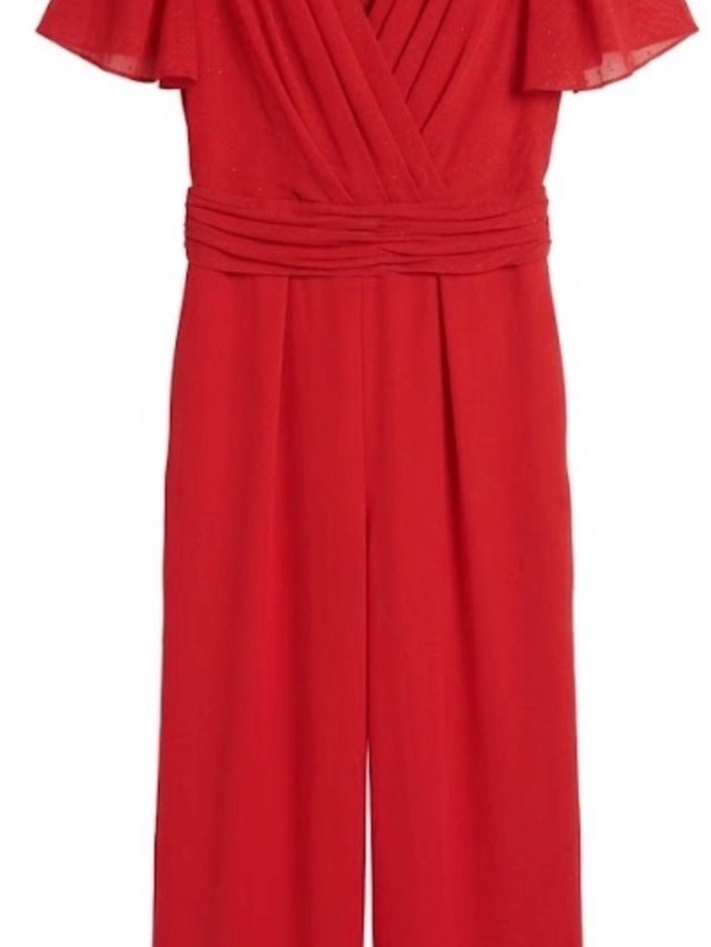 Gal Meets Glam Red Surplice Wide-Leg Jumpsuit with Flutter Sleeves